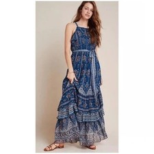 Anthropologie Blue Bohemian Long Belted Dress Size Medium EUC