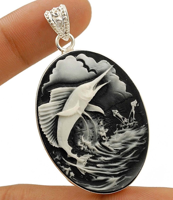 Italian Cameo Sword Fish 925 Sterling Silver Pendant @20-9