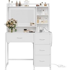 LED Light Vanity Desk, White Makeup Table w Mirror,Power Strip Storage Drawers