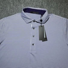 Greyson Saranac Polo Shirt Mens L Purple Striped Stretch Wicking Logo Shirt NWT