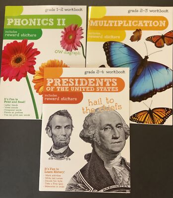 Lot of 3  Workbooks Homeschool Grades 1-4 Multiplication, Phonics, Presidents