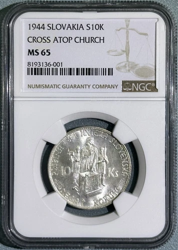 Slovakia 1944 10 Korun Czech White ChBU Silver Coin Cross ATop Church NGC MS65
