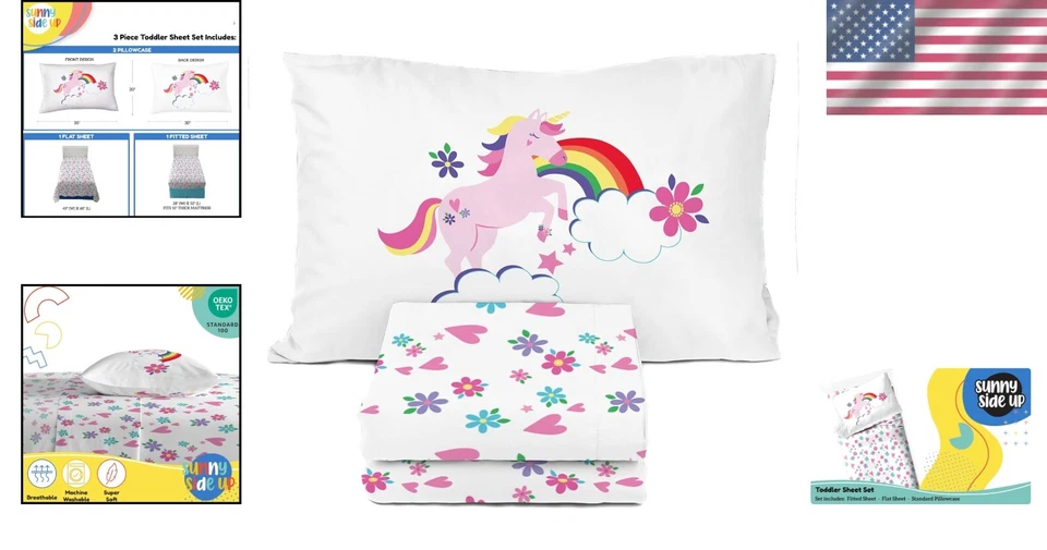 Причудливый набор простыней для малышей с единорогом и цветочным рисунком - комфортная машинная стирка - Изображение 2 из 4