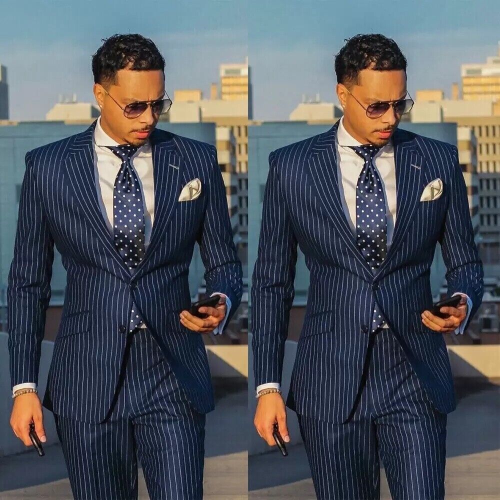 Navy Blue Stripe Men Suits 2 Pieces Formal Business Slim Fit Groom Wear  Tuxedo