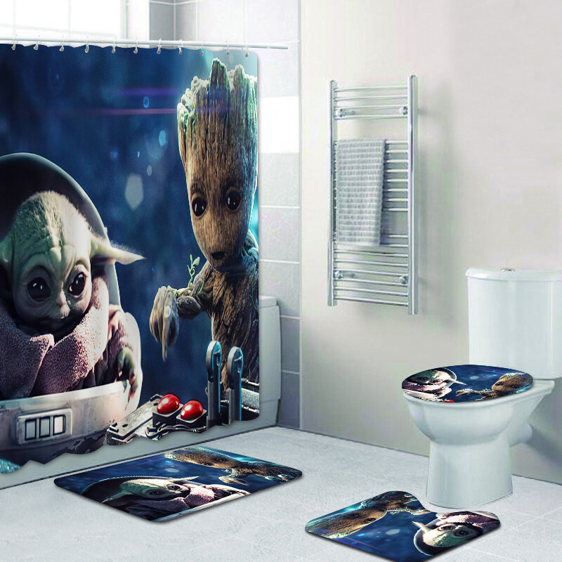 Baby Yoda Bath Rugs Set Bathroom Shower Curtain Mats Toilet Lid Cover