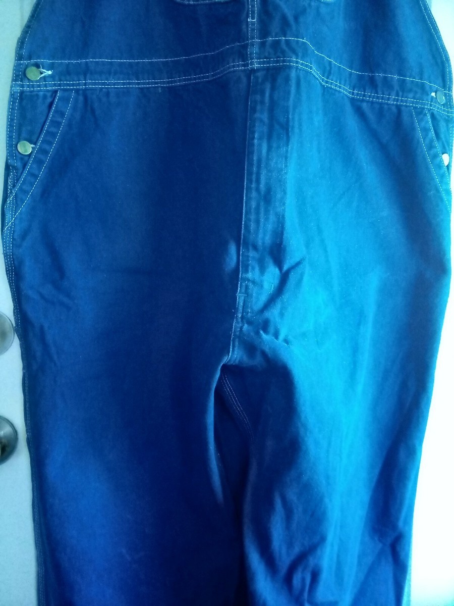 Big Smith Bib Overalls Blue 44x30 Zipper Fly Pockets Leather Logo