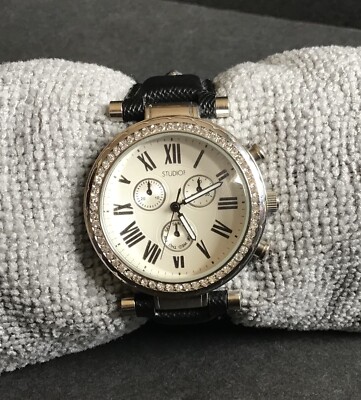 Studio Time Watch Womens Silver Tone Round Face Crystal Bezel