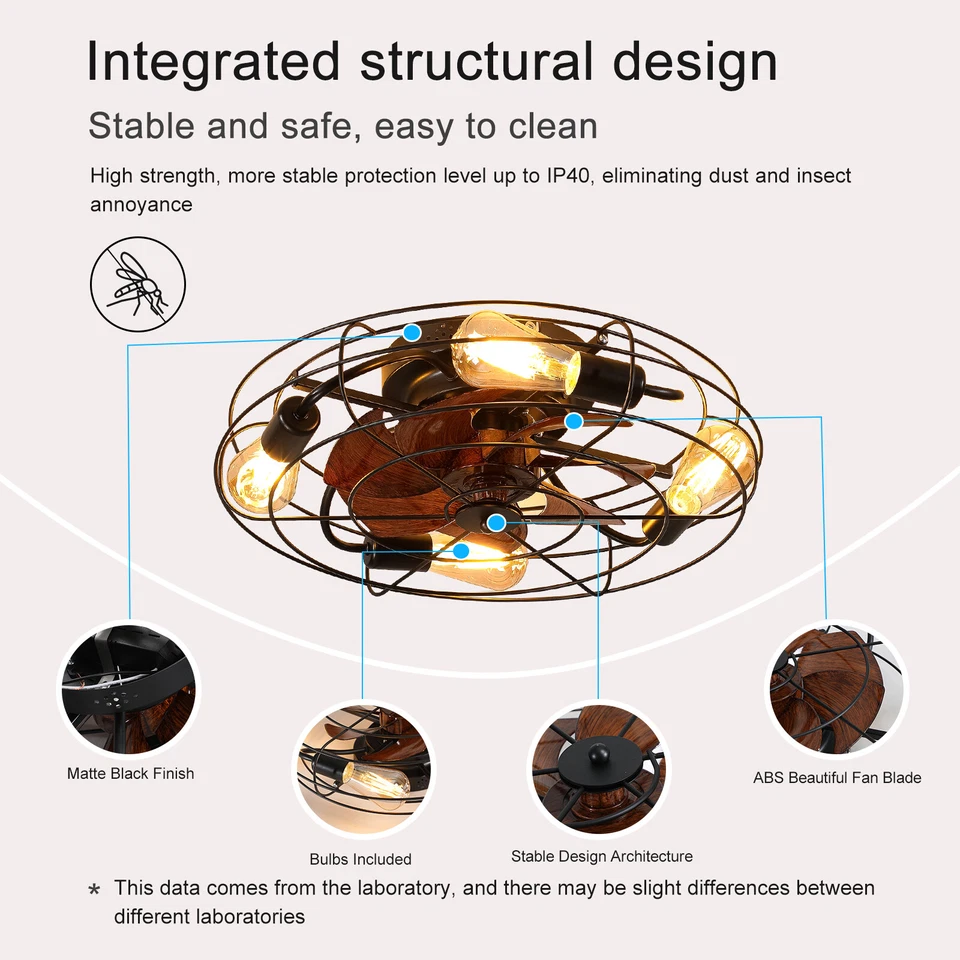 20" Farmhouse Ceiling Fan Light Flush Mount Caged Lights kit With Remote Control - Image 4 of 4