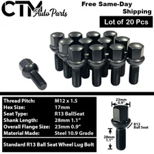20x Mercedes Black 12x1.5 Wheel Lug Bolts 28mm Shank Ball Seat Fit Stock Wheels