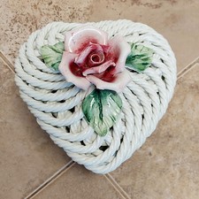 Vintage Capodimonte Heart Trinket Box Lidded 3D Porcelain Rose Reticulated Weave