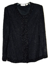 Vintage Lawrence Kazar Black Beaded Silk Womens Evening Blazer Jacket Size L