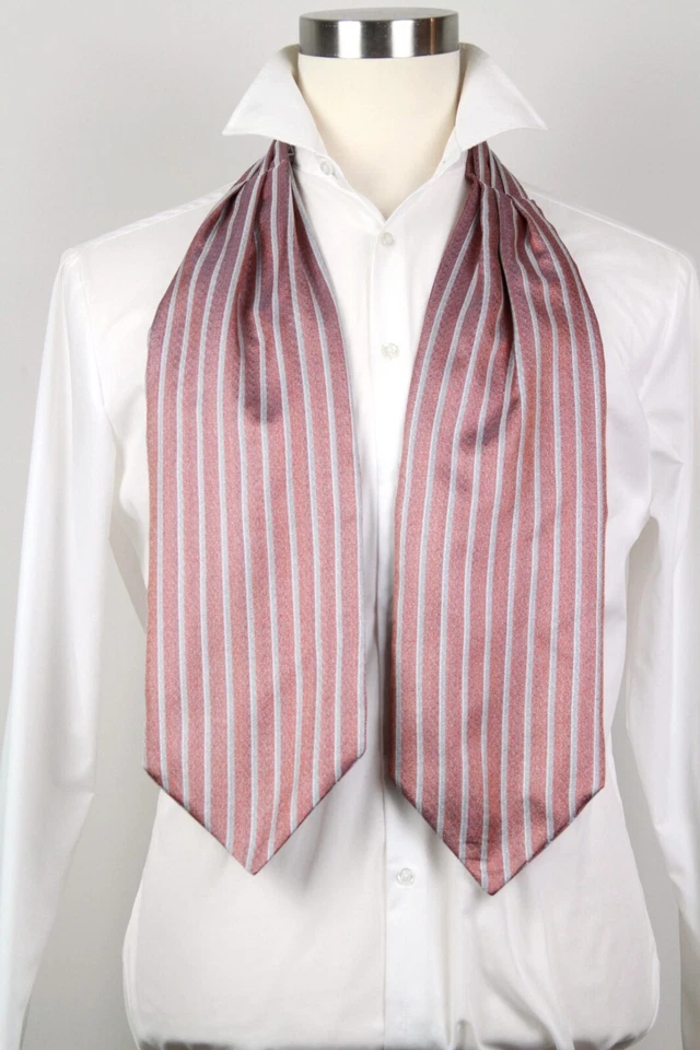 CAMELLUCCI 男式 Cravat Ascot 100% 真丝礼品盒条纹珊瑚灰色 Ascot A234 — 第 3/4 张图片
