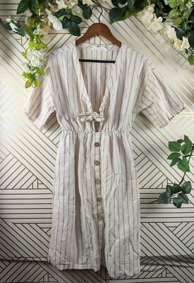 ZARA Women's Ecru White Linen Tie Knot Front Midi Stripe Summer Dress size  Small | eBay