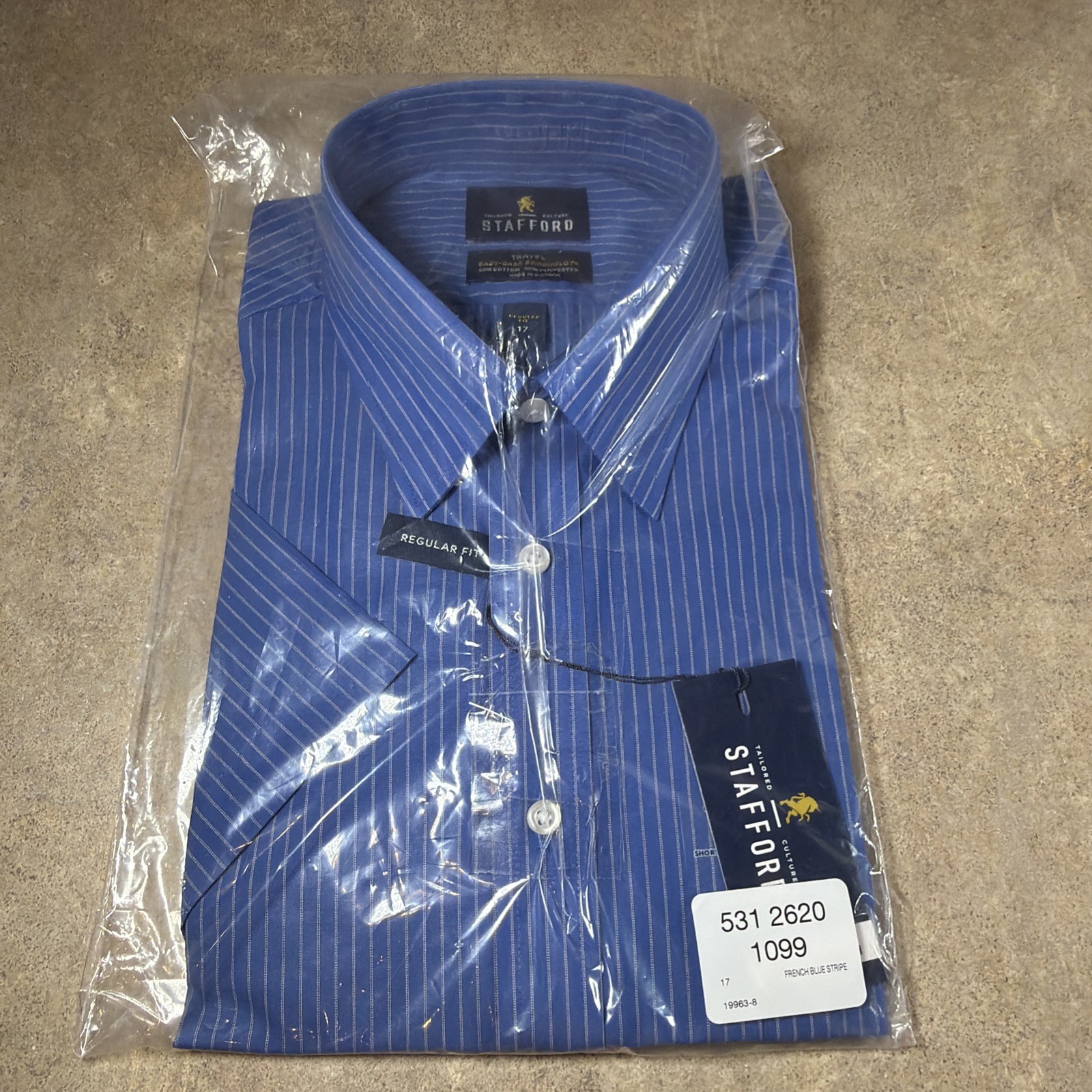 Stafford Mens Short Sleeve Travel Easy-Care Broadcloth Dress Shirt Blue Stripe