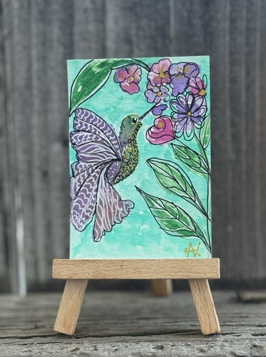 Original Handmade Signed ACEO  watercolor and Ink Camblch OOAK Hummingbird 
