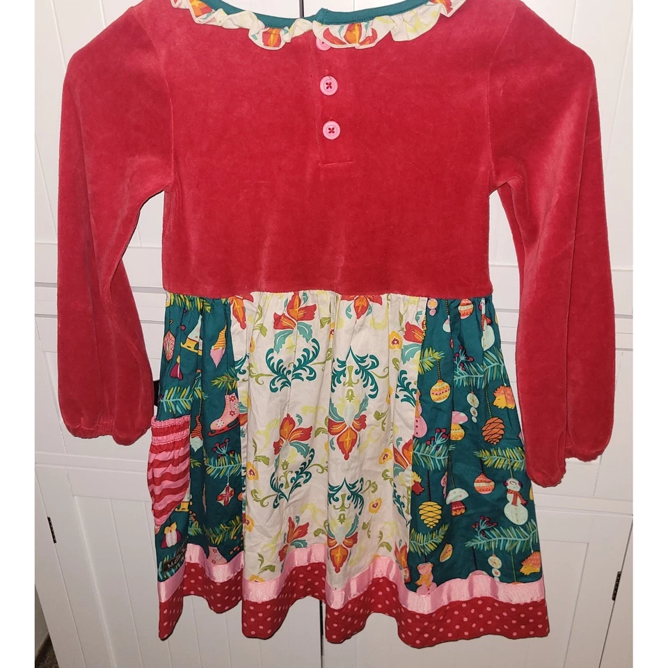 Matilda Jane Christmas Holiday Velour Dress Girls Size 6 Festive Print - Image 2 of 4