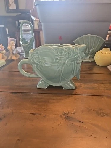 1940's McCoy Pottery Heart Vase Pitcher Planter Green Roses Ceramic Valentine