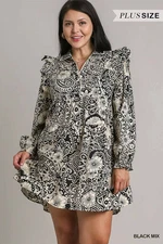 Umgee Plus Size Black Mixed Print Flutter Ruffle Long Sleeve Cotton Dress