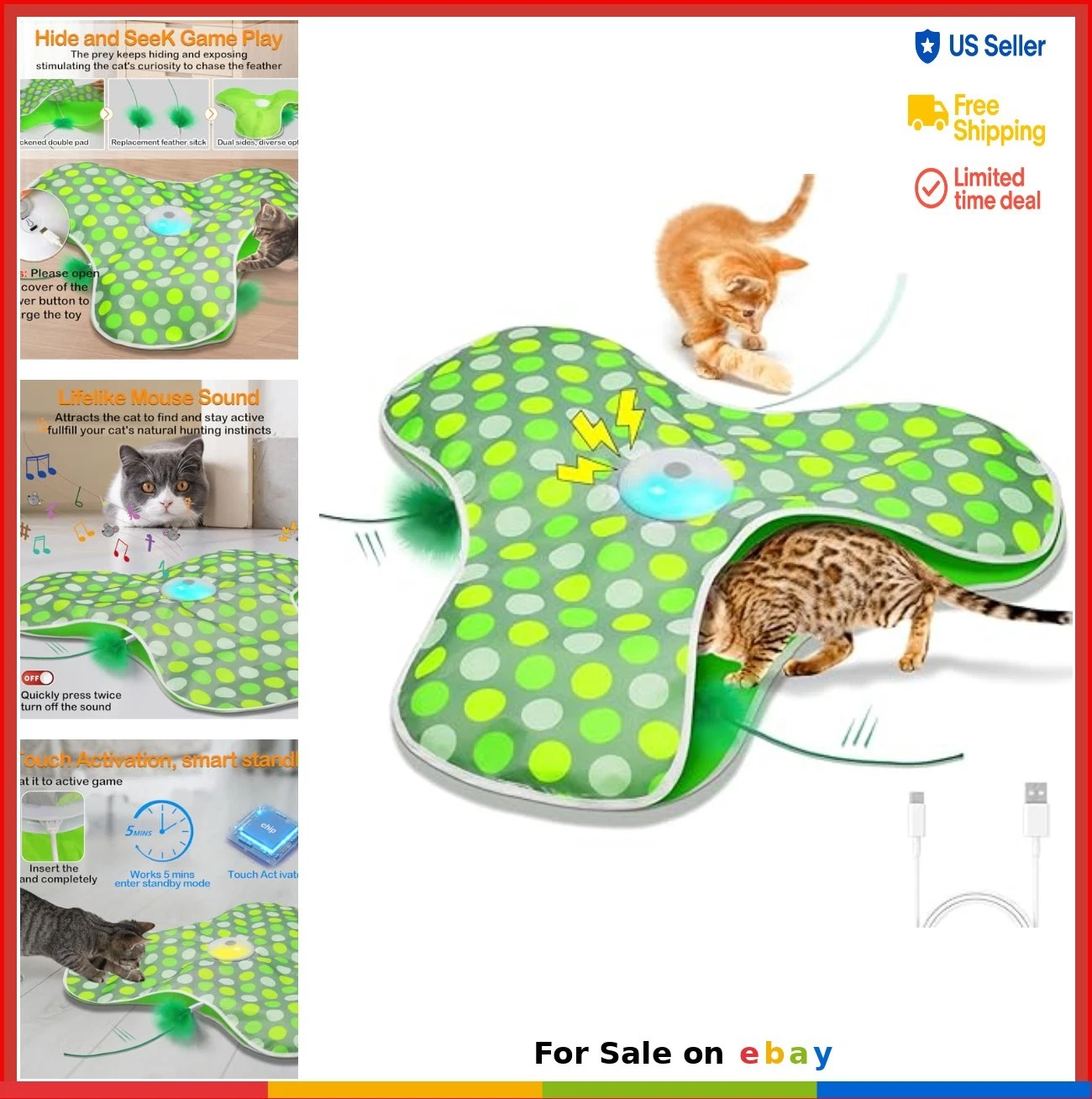 Interactive Cat Toy Rechargeable Moving Concealed Feathers Real Mouse Squeaky