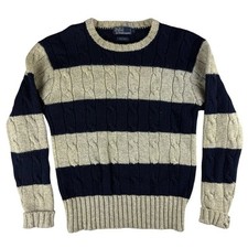 Vintage Polo Ralph Lauren Mens Striped Cable Knit Sweater Size L Navy Beige Wool