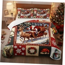 Merry Christmas Patchwork Quilt Set King- Santa Claus Tree King 90"x104" Sled