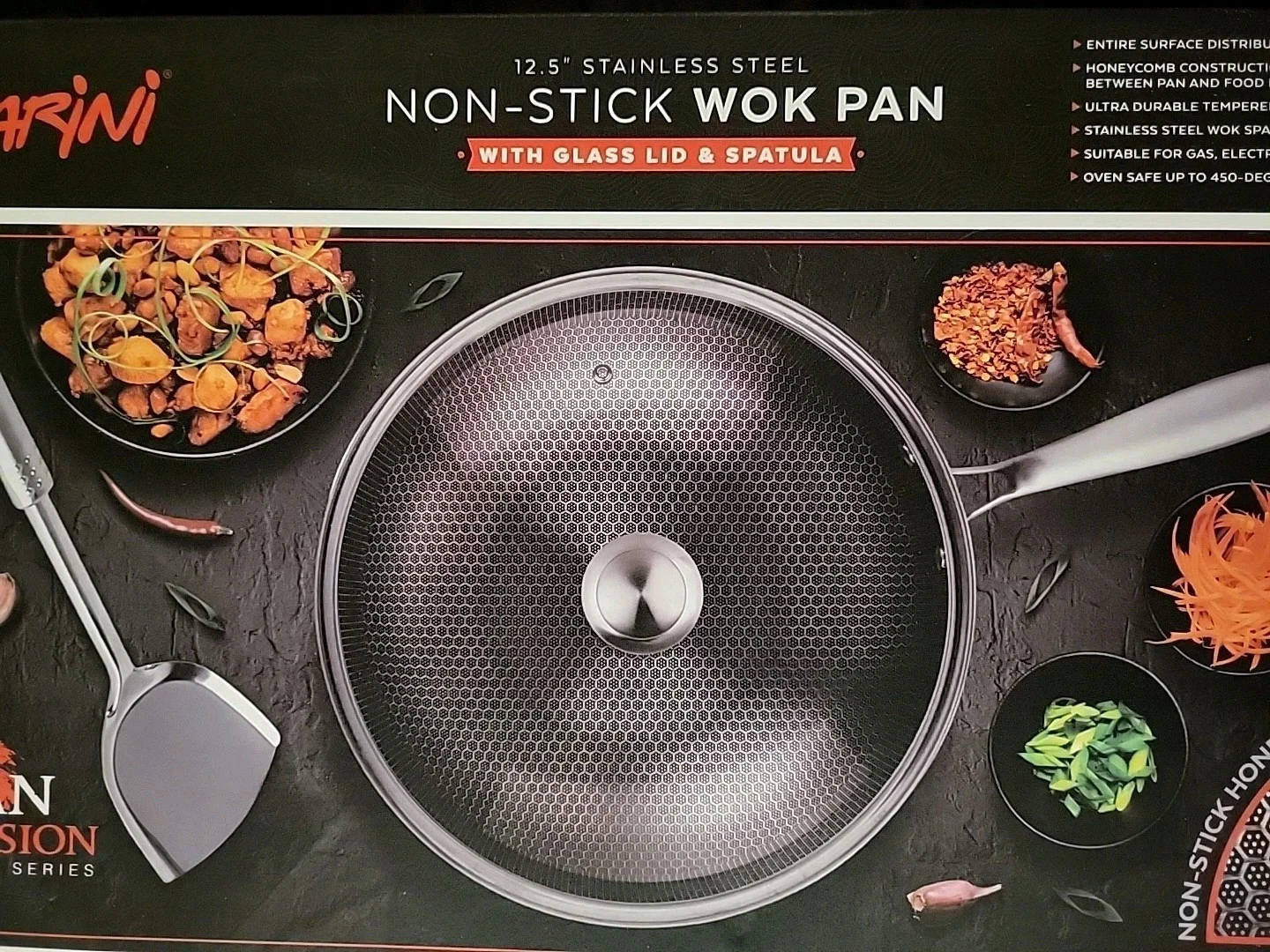 Parini 12.5" Stainless Steel Non-Stick WOK Pan W/Glass Lid & Spatula