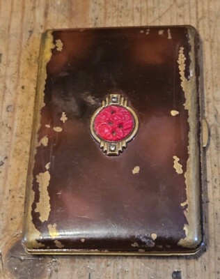 Small Vintage Ladies Cigarette Case With Bakelite Rose Detail