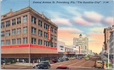 CENTRAL AVENUE street scene ST. PETERSBURG, Florida FL linen - Postcard