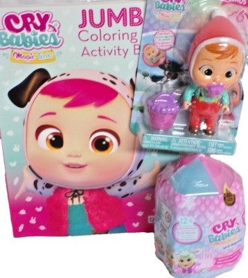 NEW CRY BABIES TOY LOT COLORING BOOK, DOLL AND SURPRISE