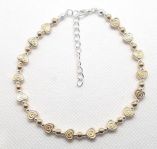 METALLIC CARVED HEART BEADED ANKLE BRACELET ANKLET 9" + EXT - 3 COLOURS AVAIL