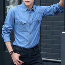 Men Blue Denim Shirt Long Sleeve Wash Western Retro Tops Collared Pocket Leisure