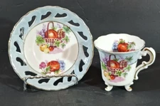 Very Fine CHINA TEA CUP RETICULATED SAUCER Dish FRUIT Lusterware Gold Trim N3107