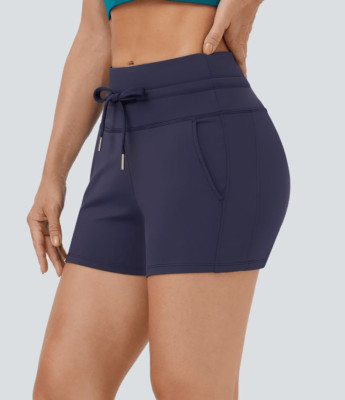 Halara High Waisted Drawstring Side Pocket Plain Cool Touch Shorts 3''-UPF50+ S