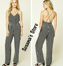 New FOREVER 21 SIZE L Los Angeles Tree LOVE STRIPED JUMPSUIT Perfect  Black/Whit