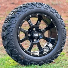 14" Stalker Black Golf Cart Wheels & 23x10-14 All Terrain Tires Combo - Set of 4