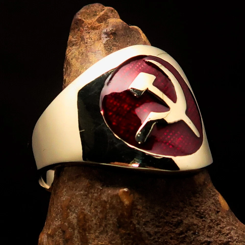 ROUND MENS BRASS COMMUNIST COSTUME RING HAMMER SICKLE SEAL RED SIZE 12 - Image 3 of 4
