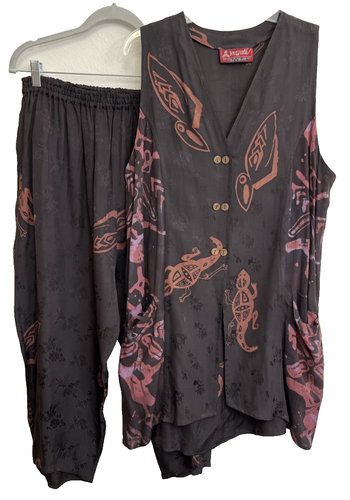 Kusnadi Tunic Top & Crop Pants Sleeveless Black Pink VTG Pockets OS Lizards