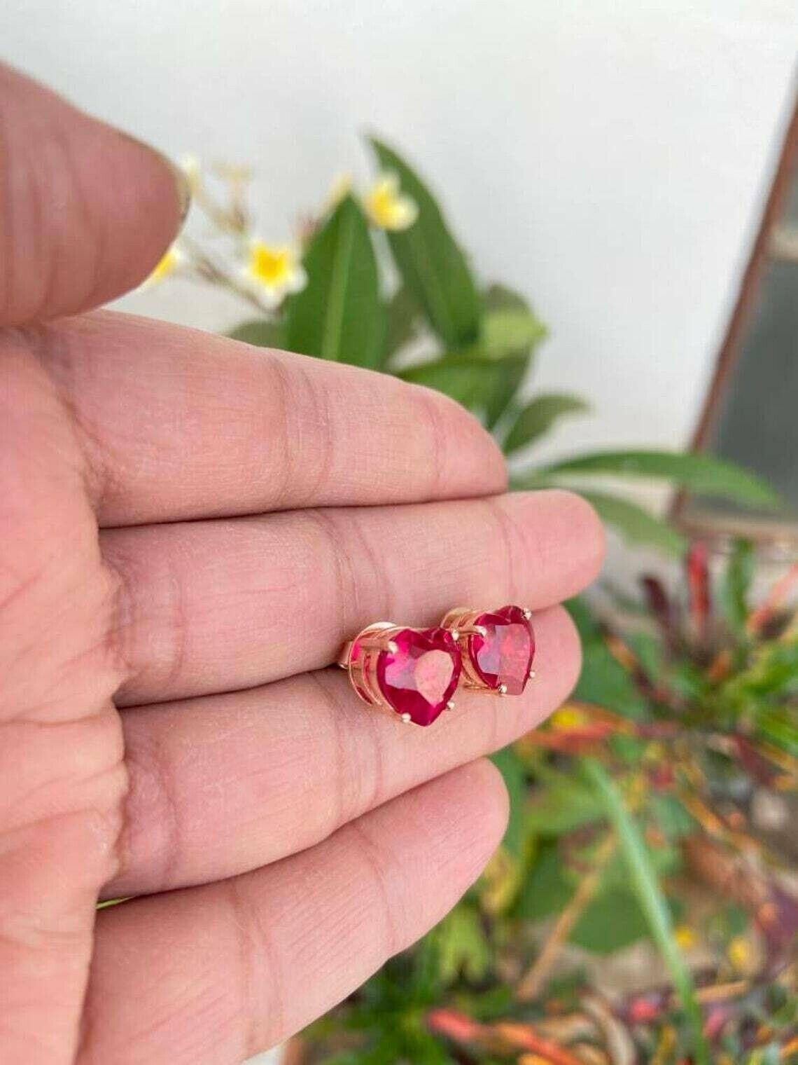 Lab created Gift 2ct Red Ruby Heart Shape Stud Earrings 14K Yellow Gold Plated eBay