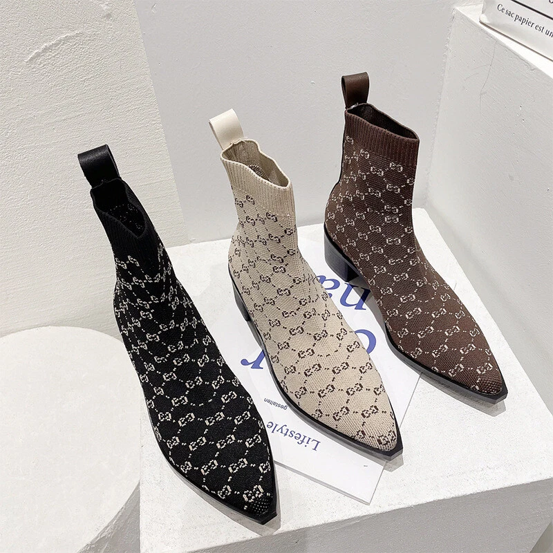 Women Pointy Toe Low Block Heel Fly knit Sock Boots Ankle Boots