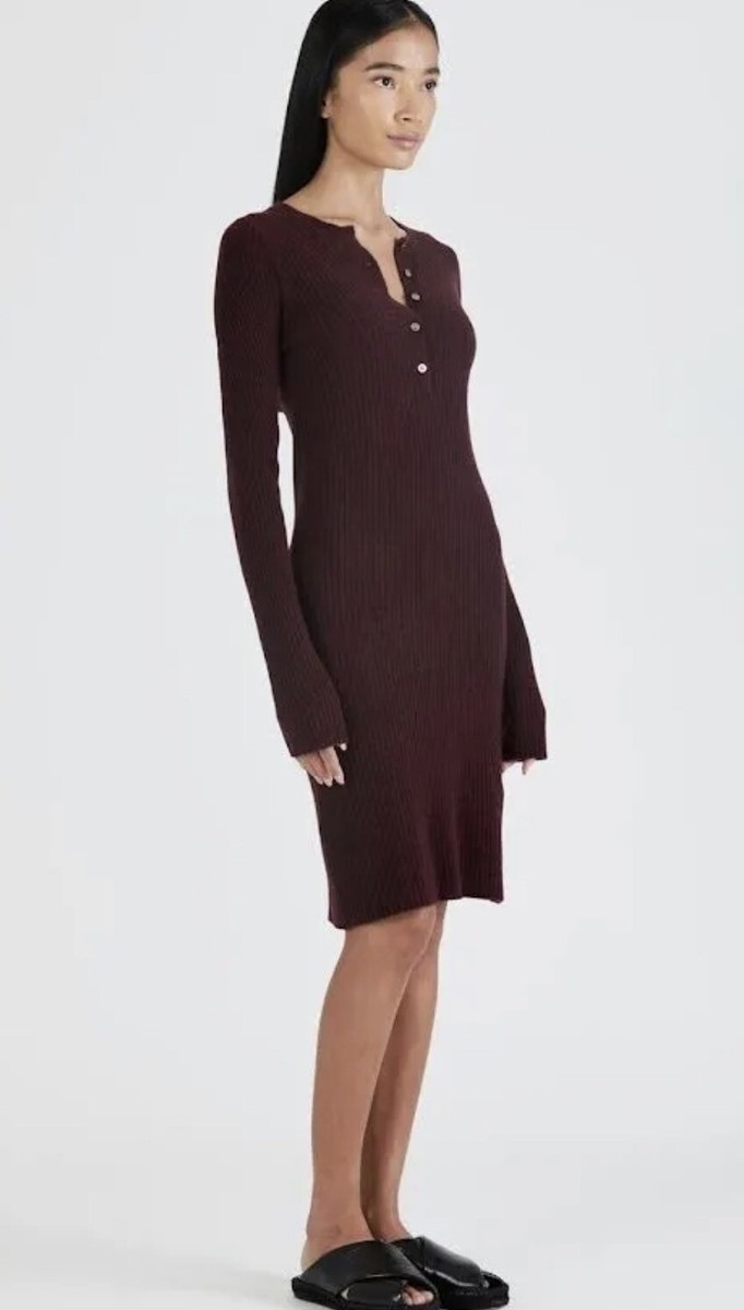 ATM Cashemere blend Wide Rib Henley Sweater Dress in Port M : NWT