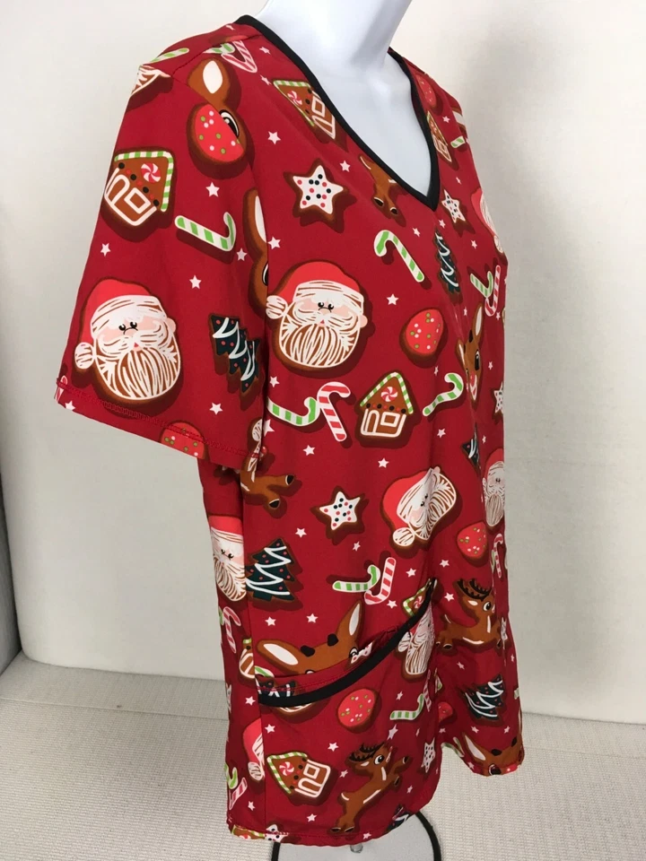 Rudolph the Red Noise Reindeer Womens Scrub Top Size S Red Holidays Santa Candy - Image 3 of 4