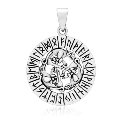 925 Sterling Silver Viking Fenrir Wolves Runes Futhark Round Pendant