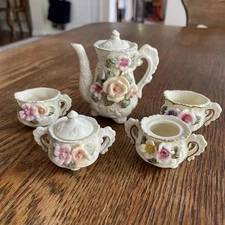 Miniature Porcelain Tea Set Floral Roses Dollhouse Collectible Vintage