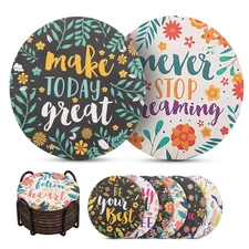 Good Vibes Coasters for Drinks - Set of 8 with Holder, Absorbent Cork Base fo...