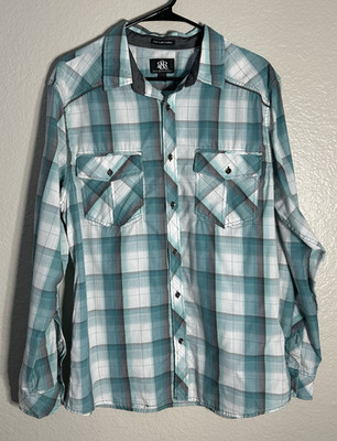 Rock & Republic Men's Plaid Long Sleeve Button-Up Shirt Easy Care Pockets L