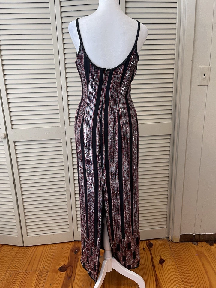 VTG Papell Boutique Evening Dress 4 Y2K Sequin Geometric 100% Silk Gown - Image 3 of 4