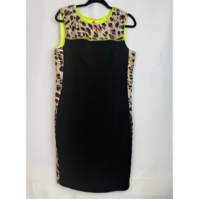 NWT Elie Tahari Emory Dress Size 14 Neon Print Black Sheath Sleeveless $398