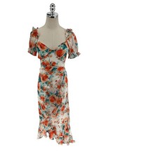 Lulus Dress Women's Size XS White Orange Floral Zip Up Maxi Short Sleeve