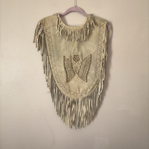 Vintage 70s Poncho Tan Suede Leather Fringe Floral Butterfly Boho Western Folk - Picture 7 of 9
