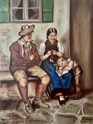 Oil on canvas, 1946   Tyrolean peasant scene   Painting signed Herckhov